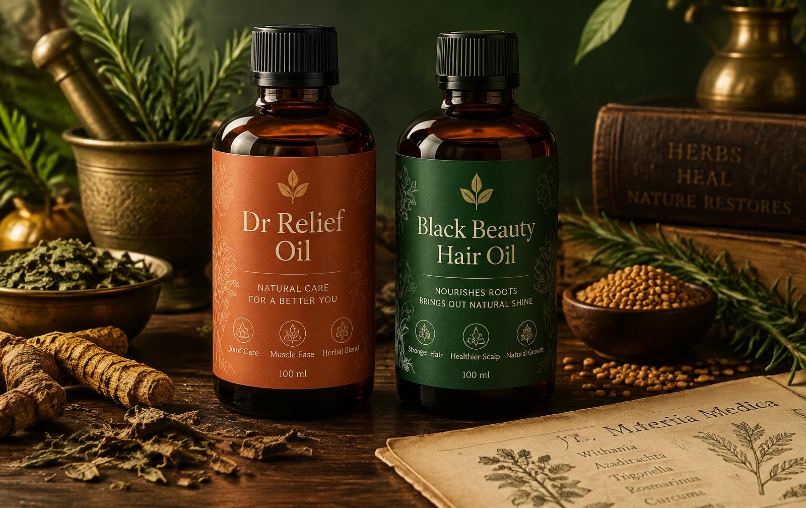 Dr Relief Oil and Black Beauty Hair Oil bottles