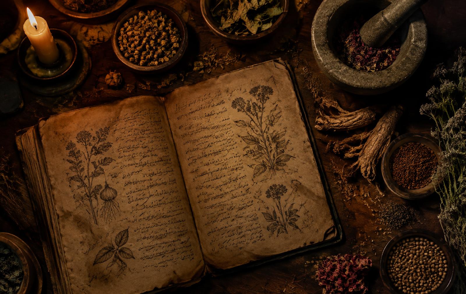 Ancient herbal manuscript with raw herbs